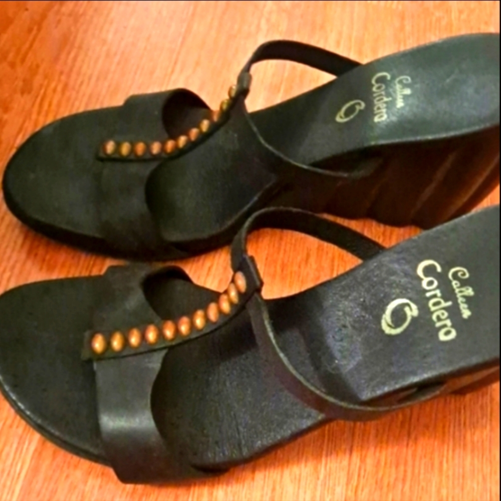 Day Sale Like New Calleen Cordero Hand Crafted Leather and  Wood Wedges